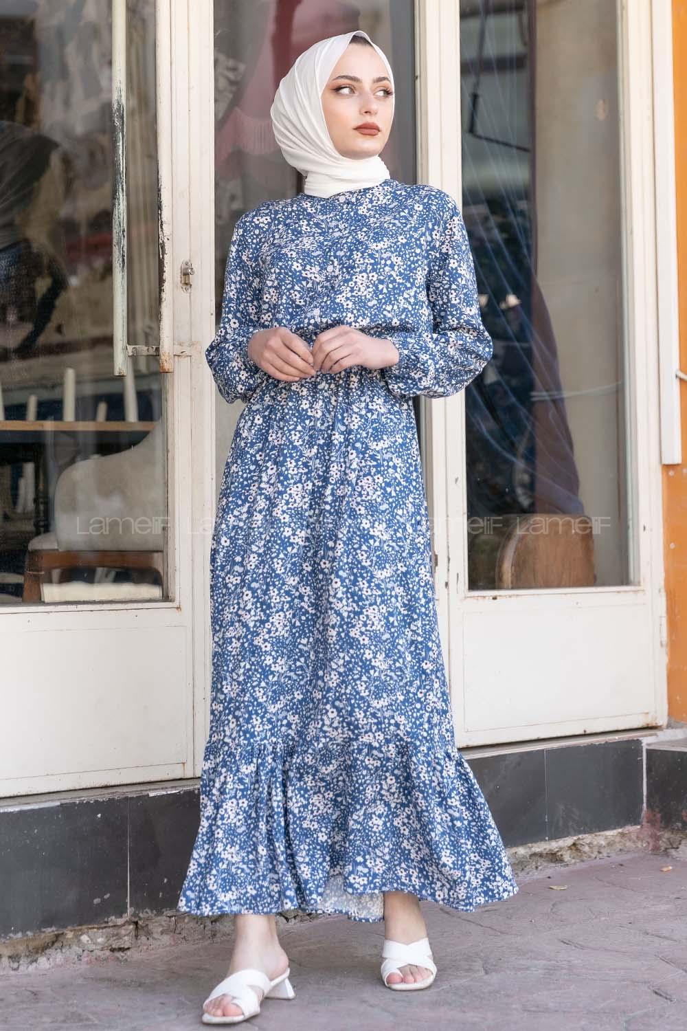 Modalamelif Beli Lastikli Desenli Dokuma Elbise İndigo