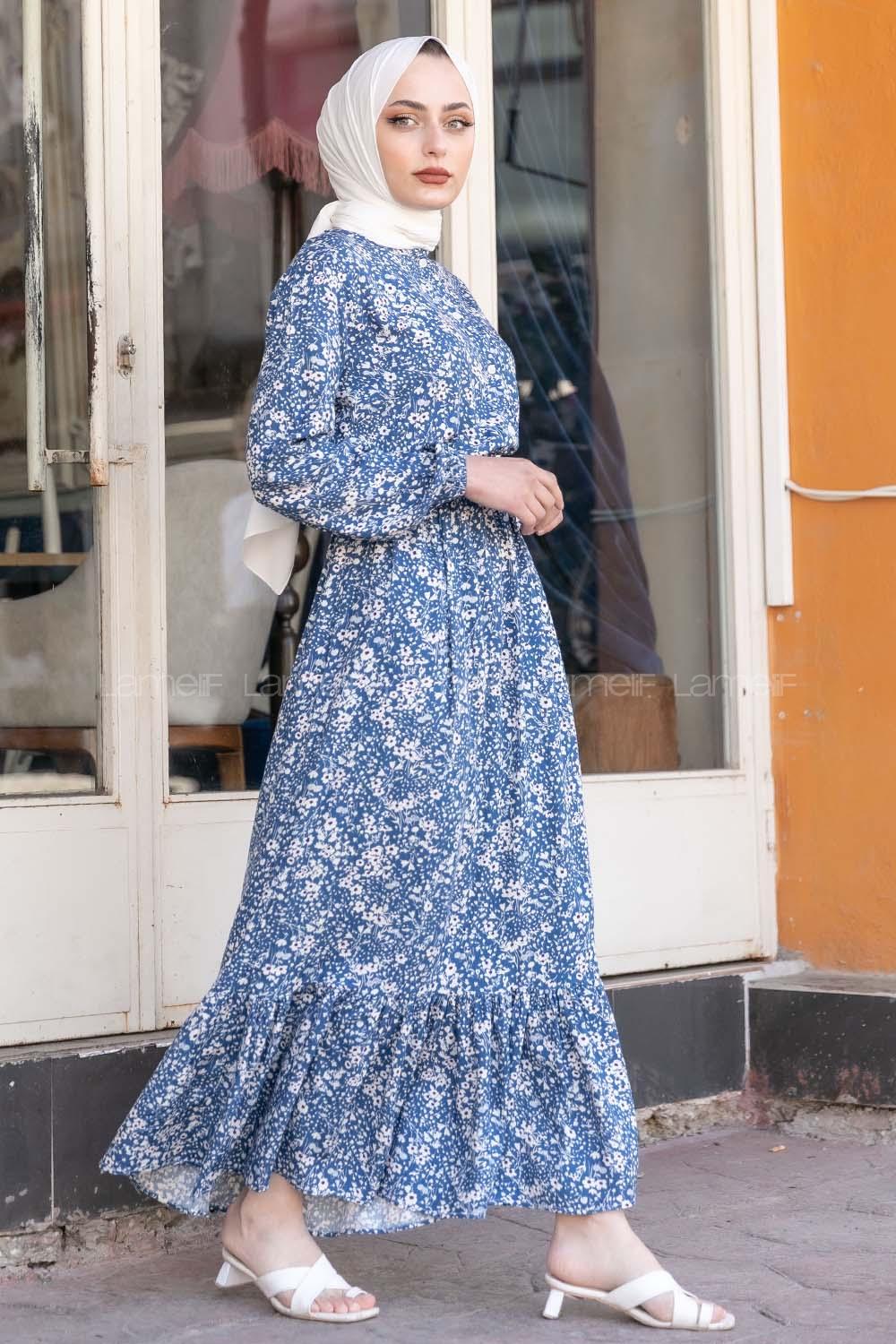 Modalamelif Beli Lastikli Desenli Dokuma Elbise İndigo