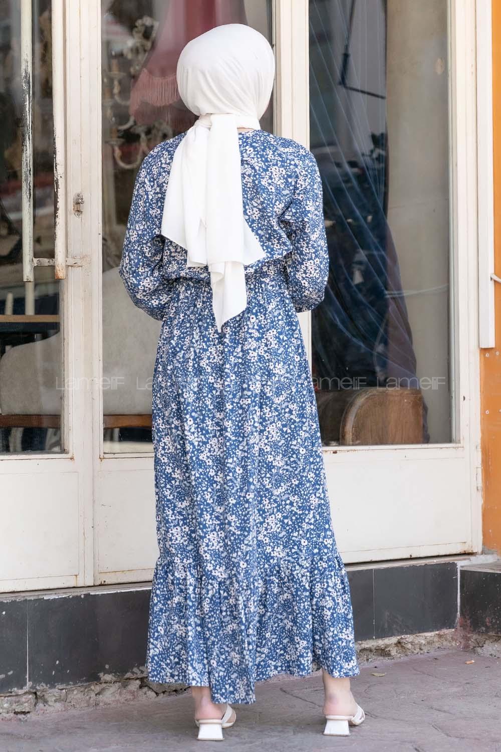 Modalamelif Beli Lastikli Desenli Dokuma Elbise İndigo