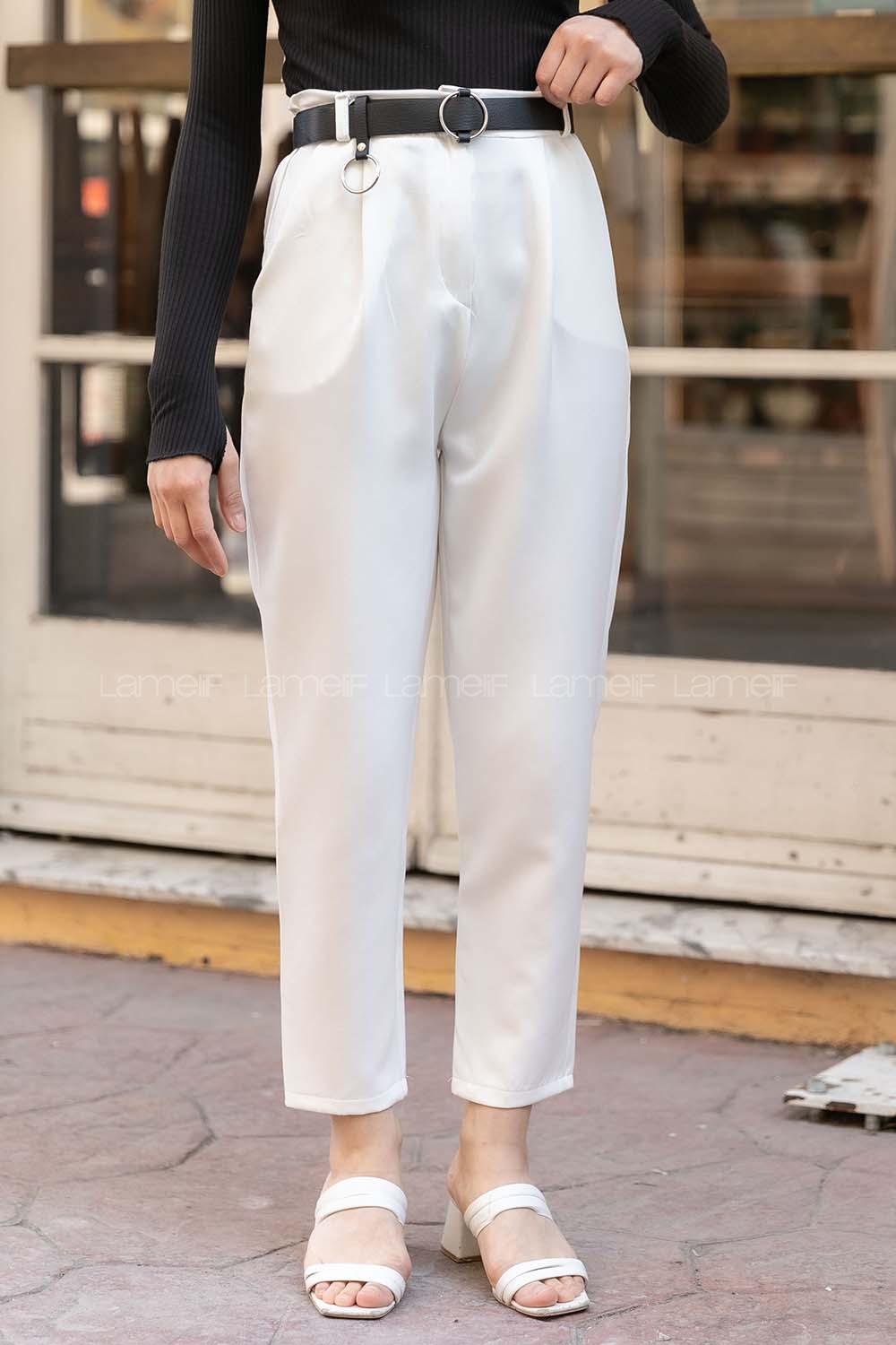 Modalamelif Beli Lastikli Kemerli Havuç Pantolon Ekru