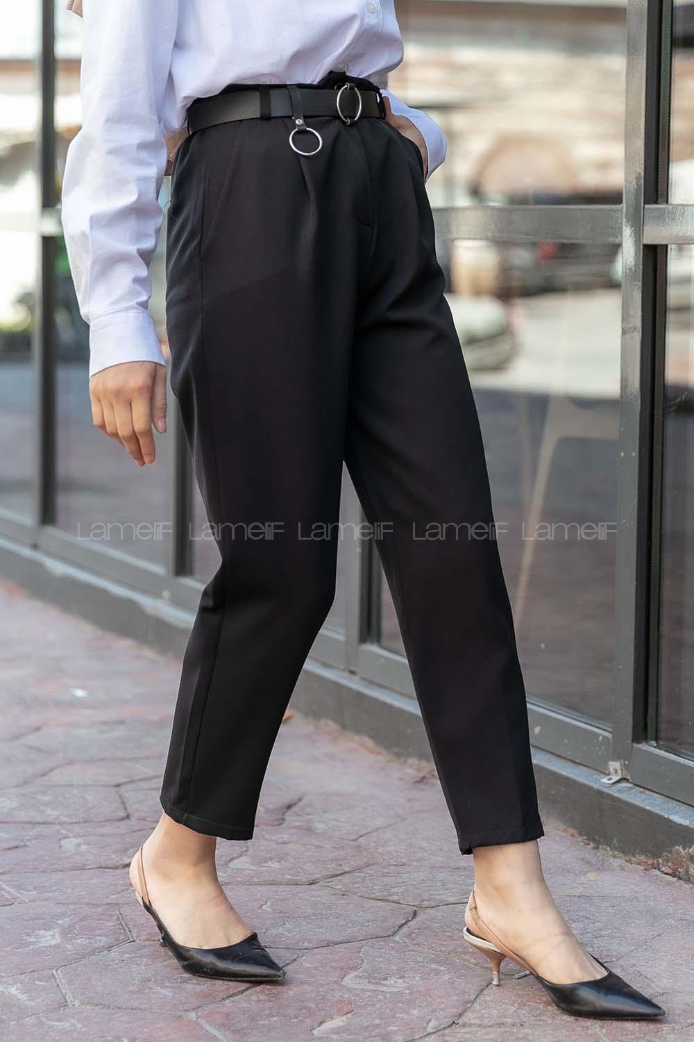 Modalamelif Beli Lastikli Kemerli Havuç Pantolon Siyah