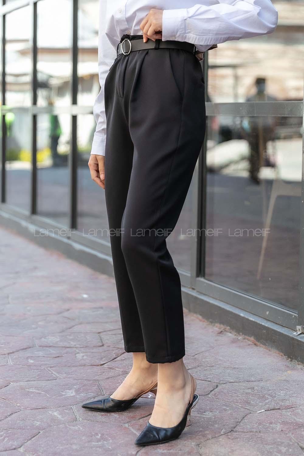 Modalamelif Beli Lastikli Kemerli Havuç Pantolon Siyah