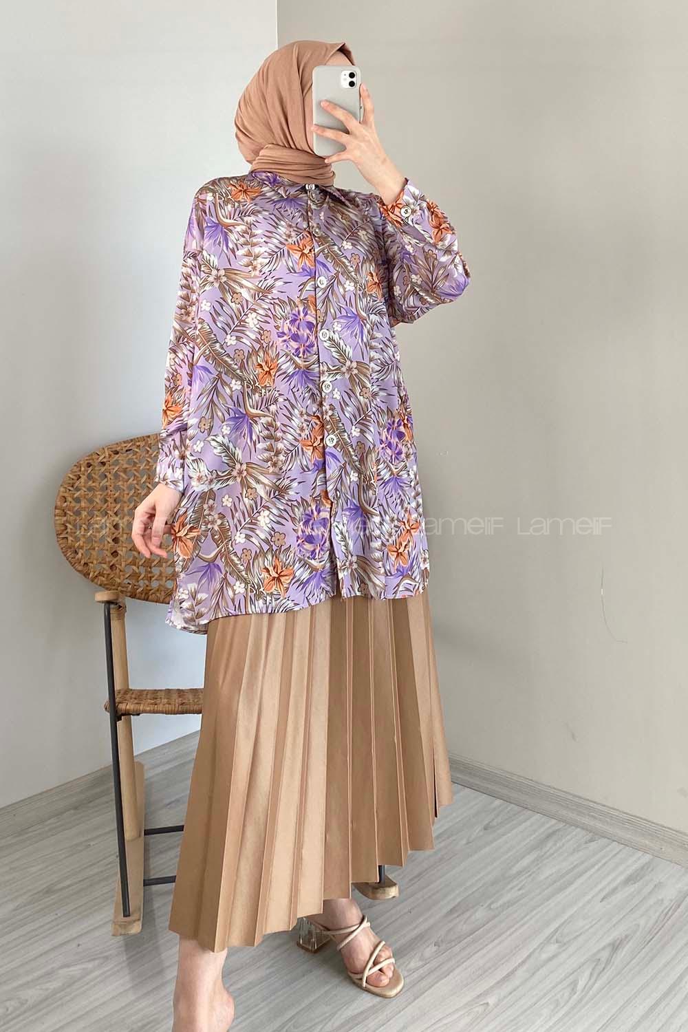 Modalamelif Çiçek Desen Dijital Baskı Gömlek Lila