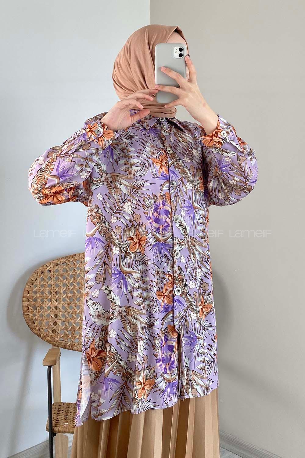 Modalamelif Çiçek Desen Dijital Baskı Gömlek Lila