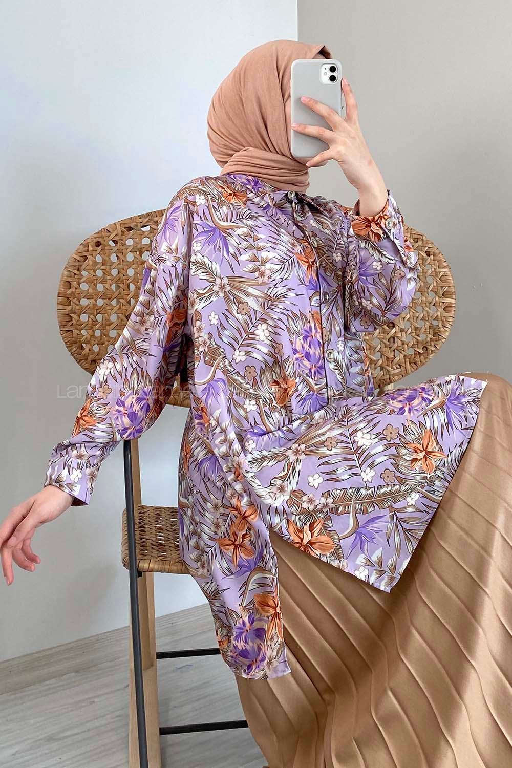 Modalamelif Çiçek Desen Dijital Baskı Gömlek Lila