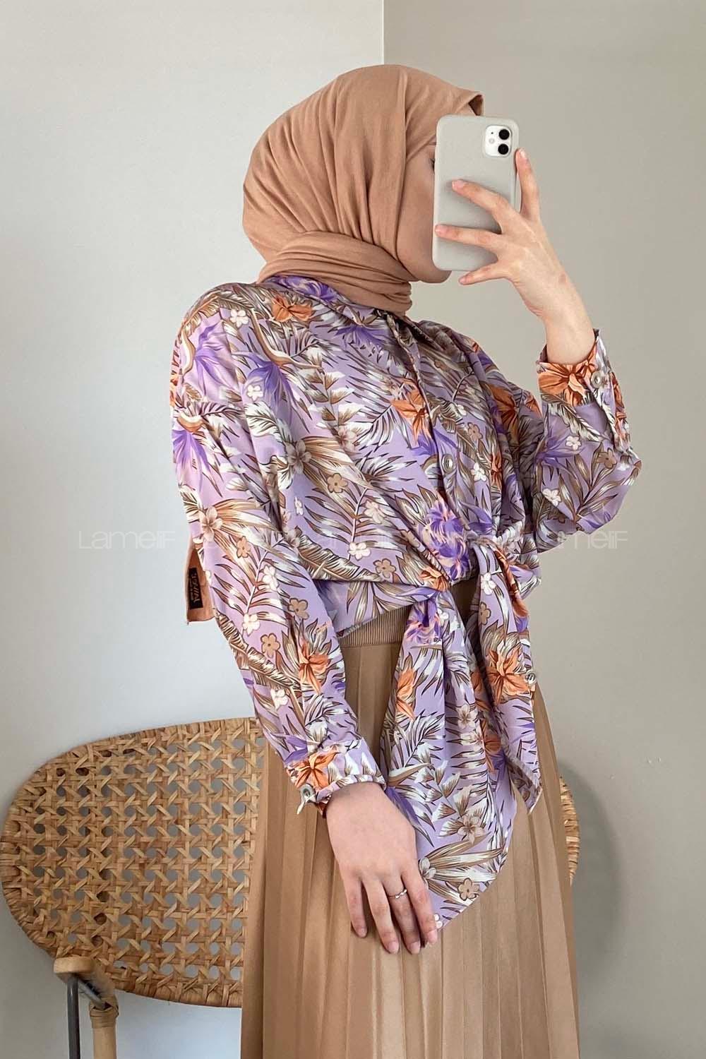 Modalamelif Çiçek Desen Dijital Baskı Gömlek Lila