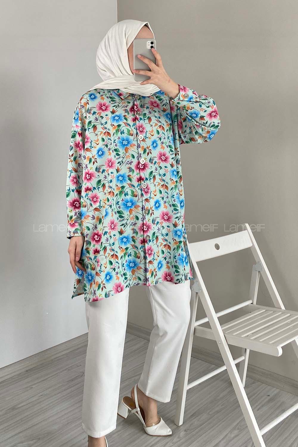 Modalamelif Çiçek Desen Dijital Baskı Gömlek Su Yeşili