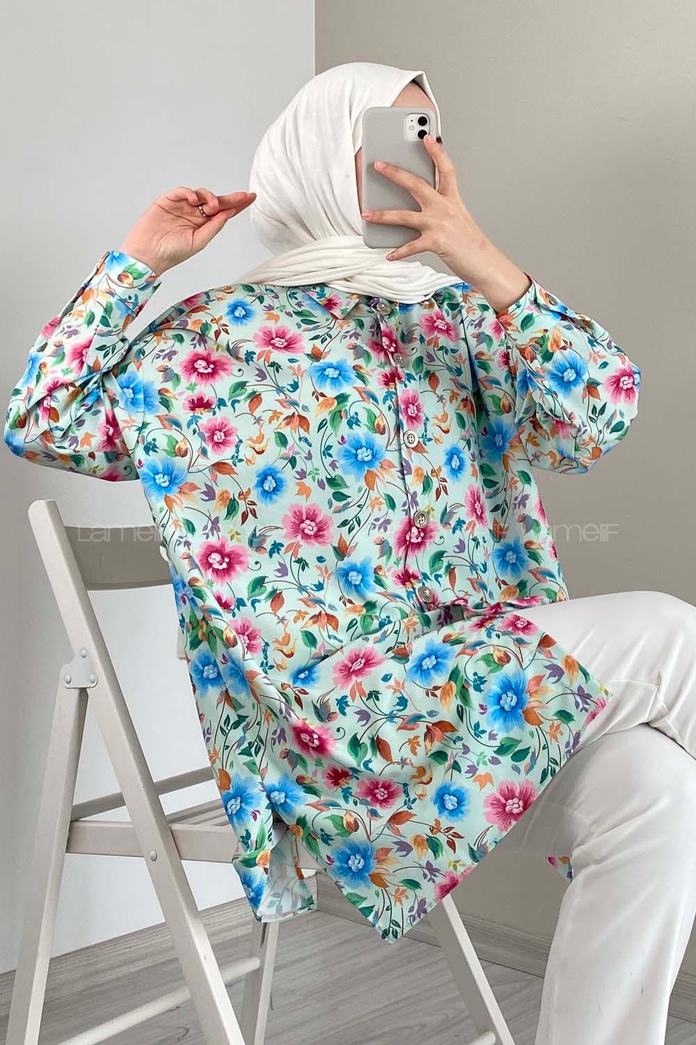 Modalamelif Çiçek Desen Dijital Baskı Gömlek Su Yeşili