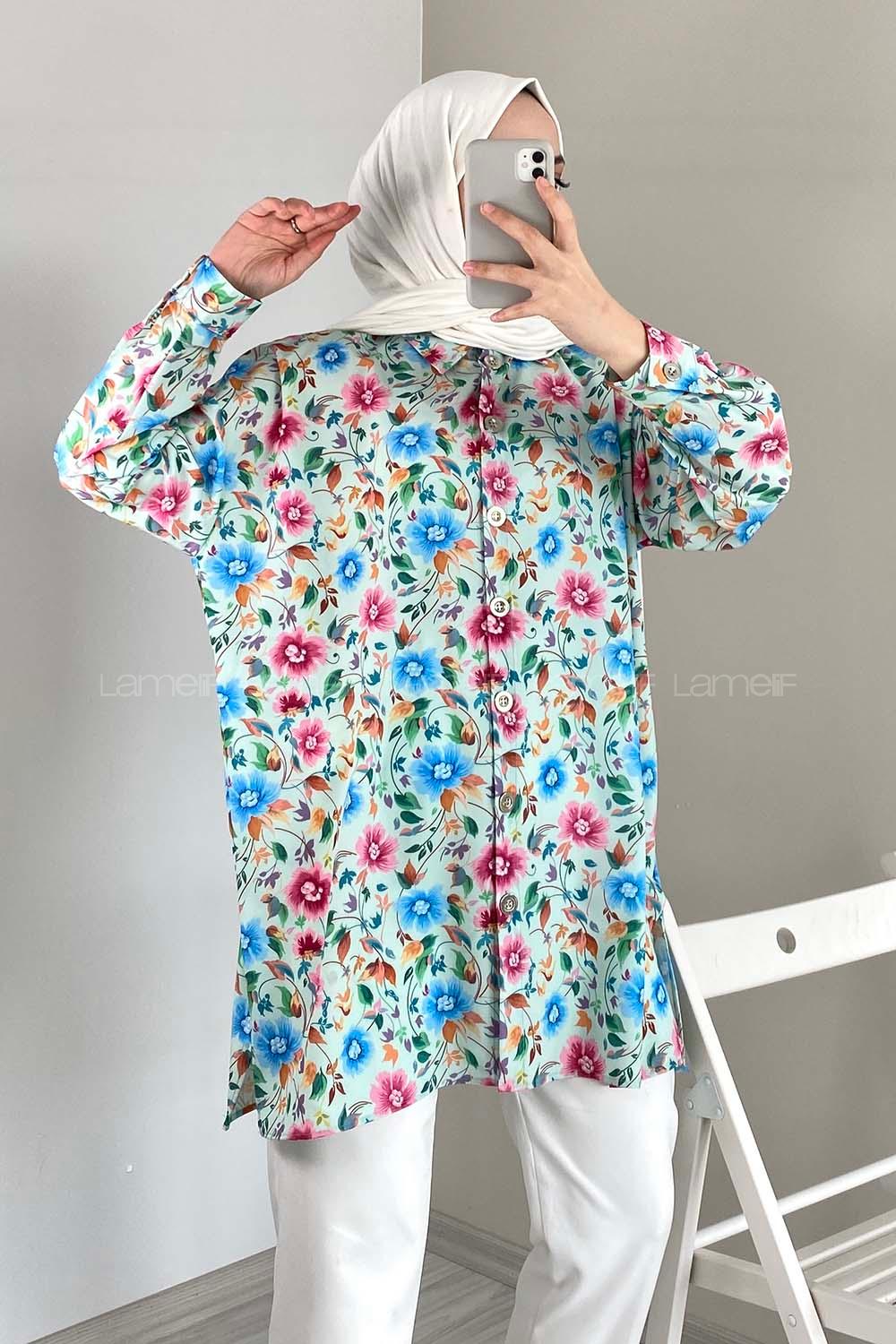 Modalamelif Çiçek Desen Dijital Baskı Gömlek Su Yeşili