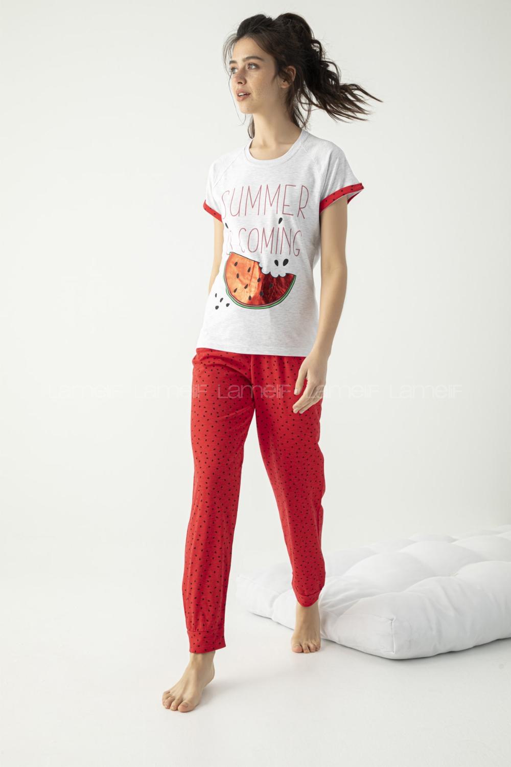 Modalamelif Kısa Kollu Karpuz Baskılı Pijama Takımı  Ekru Kırmızı
