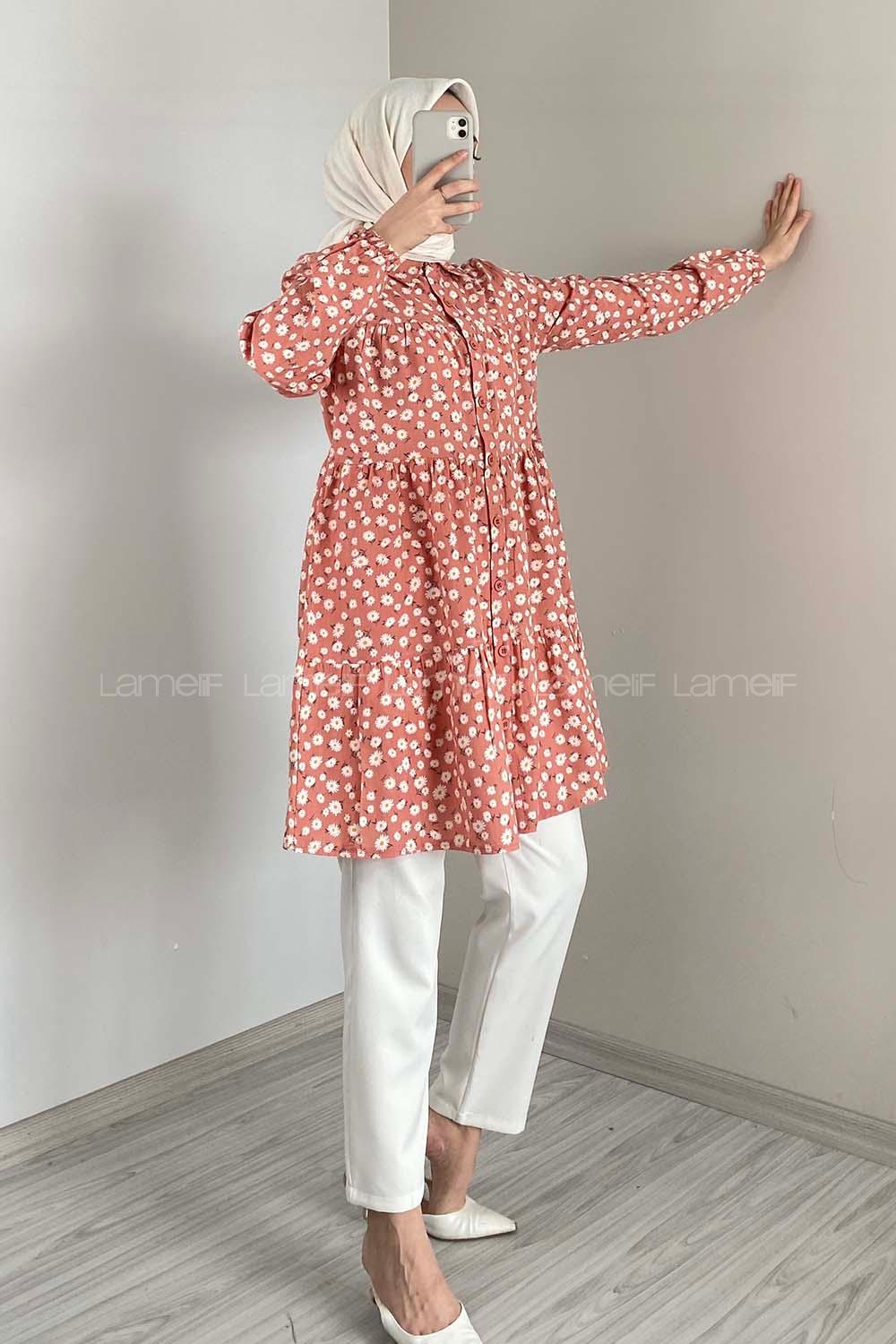 Modalamelif Önü Düğmeli Çiçek Desen Tunik Gül