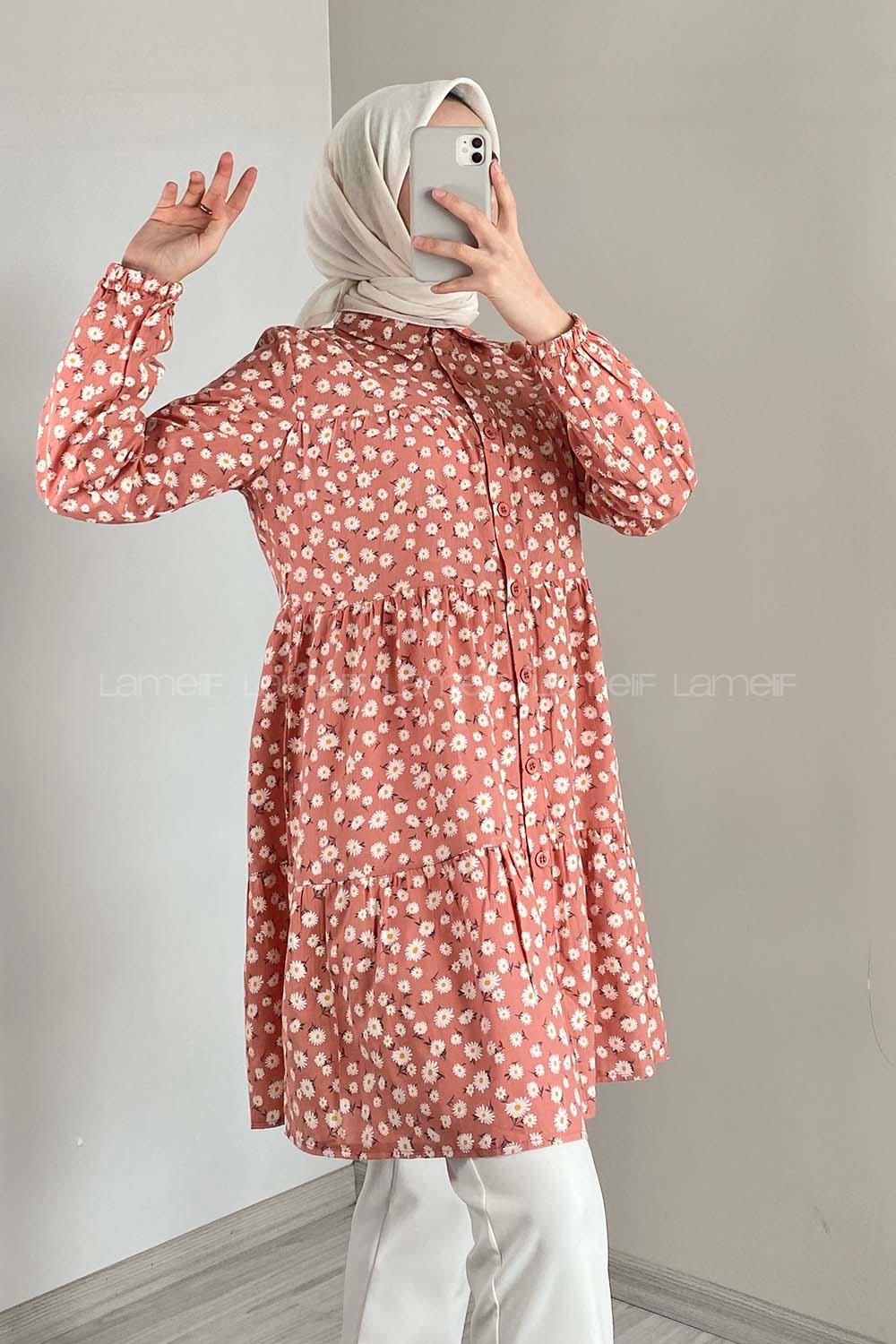 Modalamelif Önü Düğmeli Çiçek Desen Tunik Gül