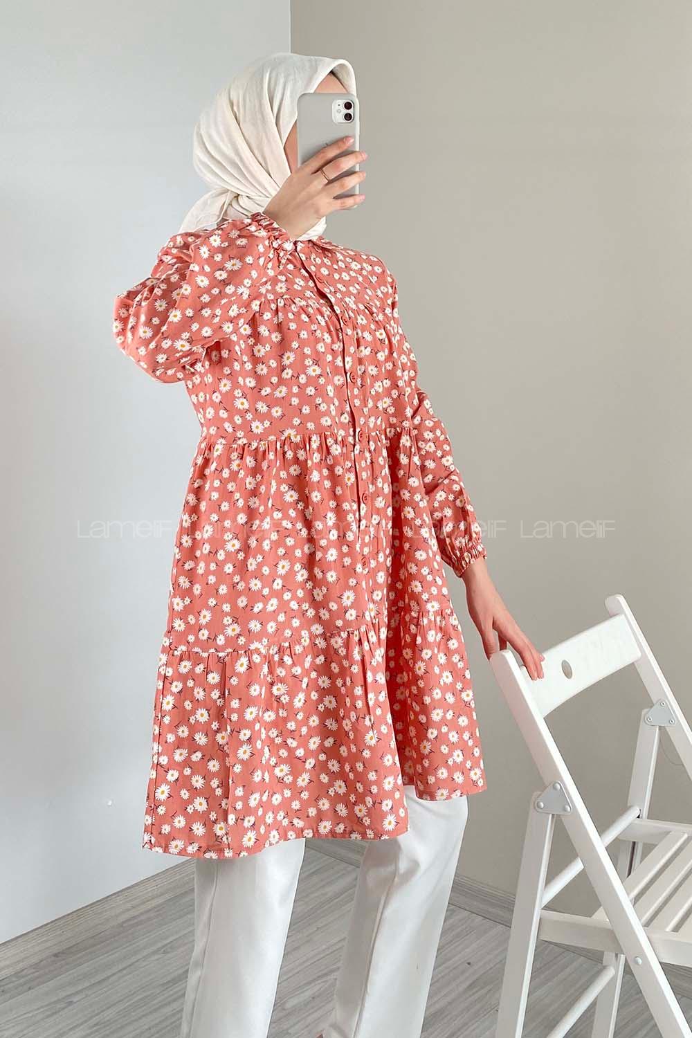 Modalamelif Önü Düğmeli Çiçek Desen Tunik Gül