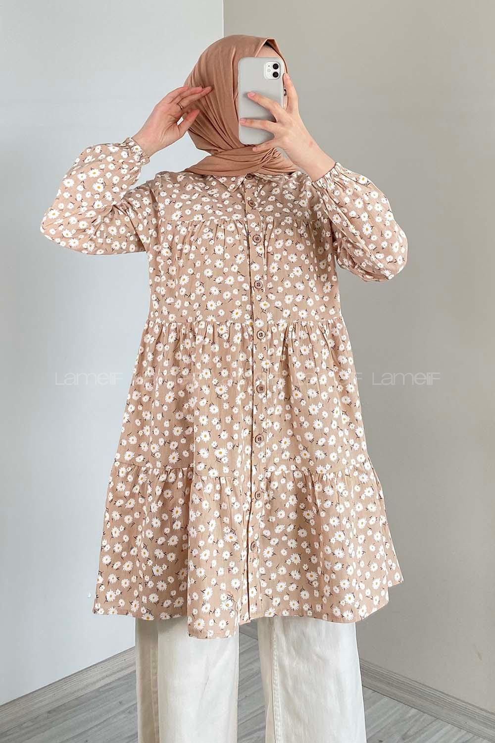 Modalamelif Önü Düğmeli Çiçek Desen Tunik Sütlü Kahve