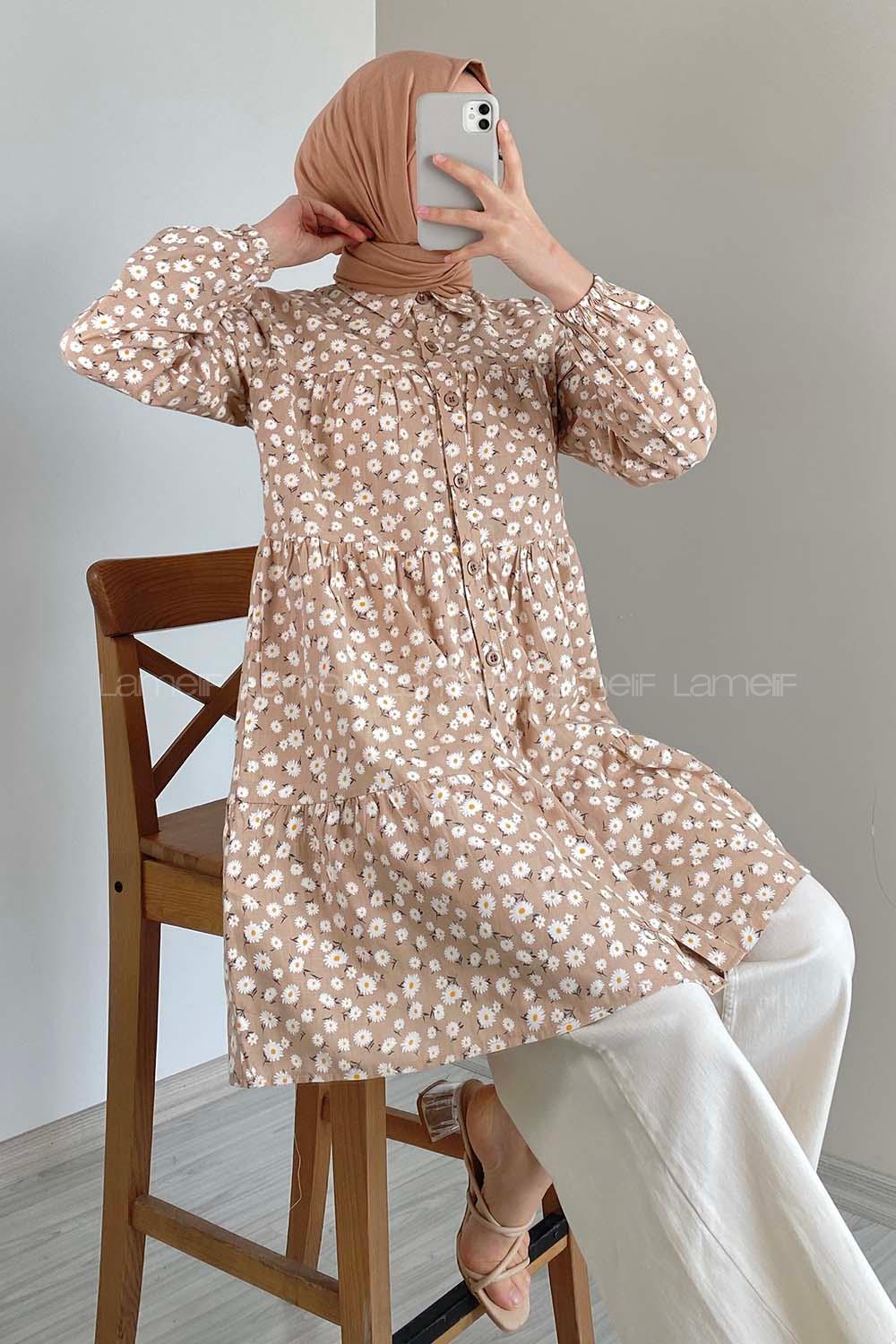 Modalamelif Önü Düğmeli Çiçek Desen Tunik Sütlü Kahve