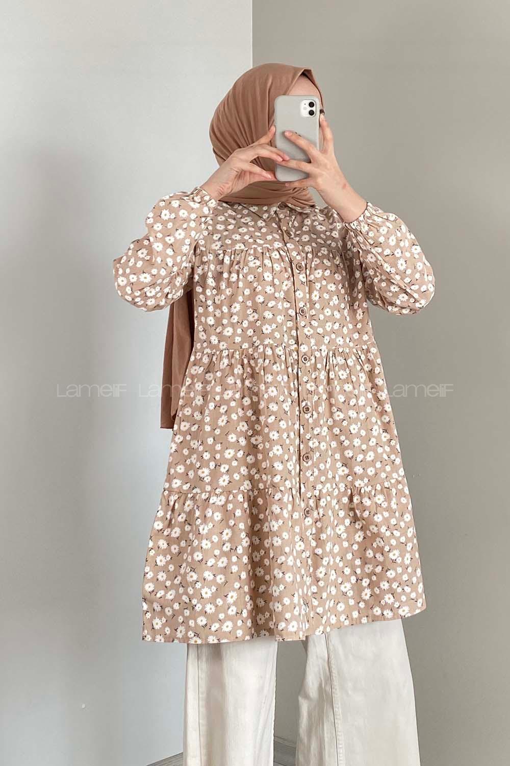 Modalamelif Önü Düğmeli Çiçek Desen Tunik Sütlü Kahve