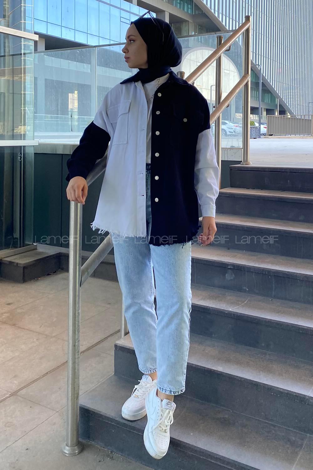 Modalamelif Renk Geçişli Gabardin Gömlek Ceket Siyah Beyaz