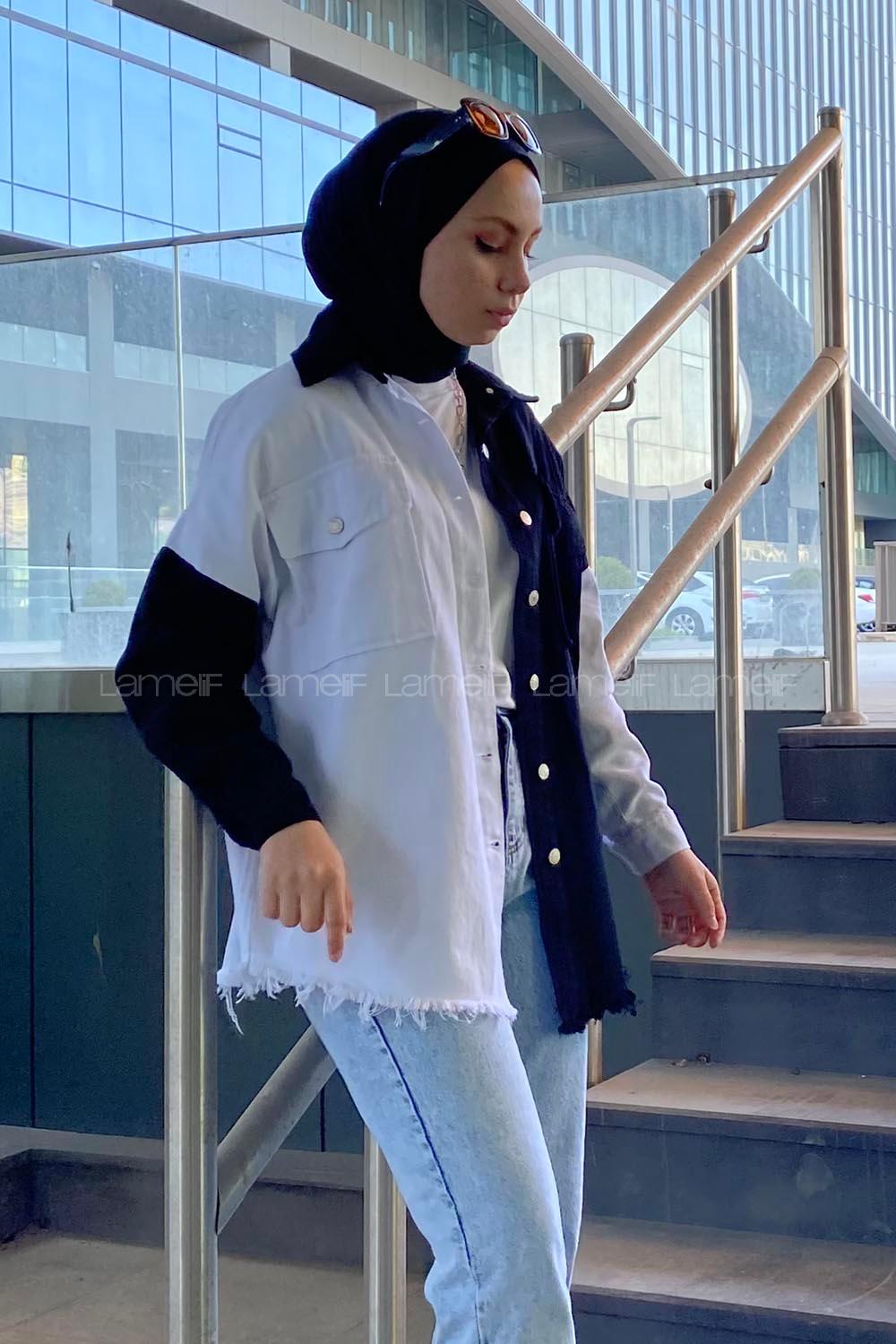 Modalamelif Renk Geçişli Gabardin Gömlek Ceket Siyah Beyaz