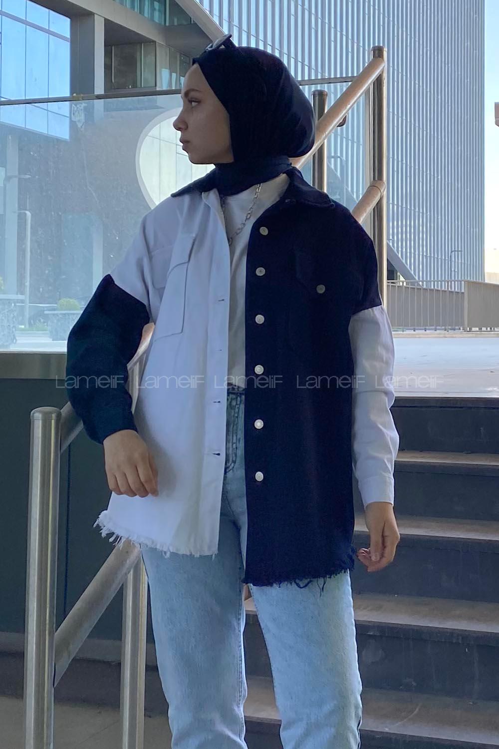 Modalamelif Renk Geçişli Gabardin Gömlek Ceket Siyah Beyaz