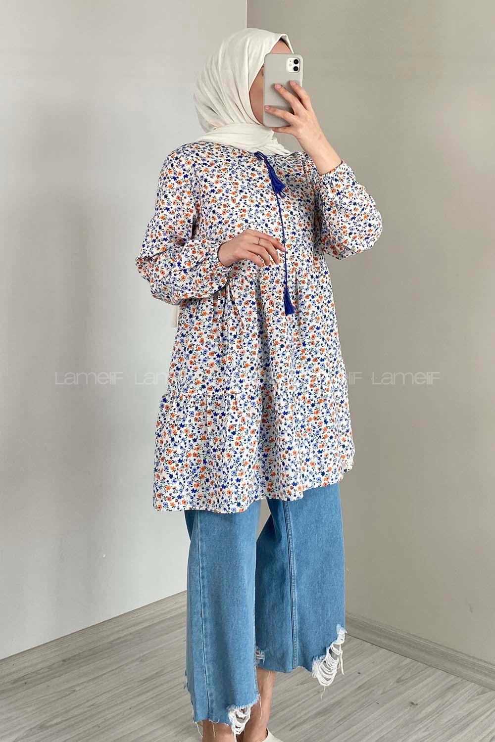 Modalamelif Yaka Bağlamalı Desenli Tunik Saks Mavisi