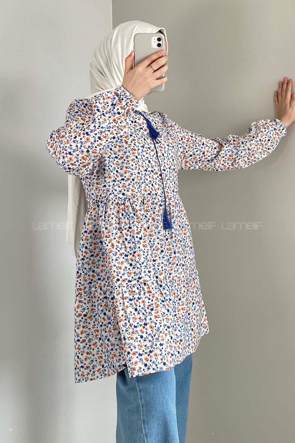 Modalamelif Yaka Bağlamalı Desenli Tunik Saks Mavisi