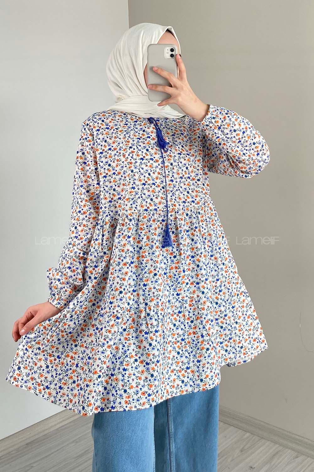 Modalamelif Yaka Bağlamalı Desenli Tunik Saks Mavisi