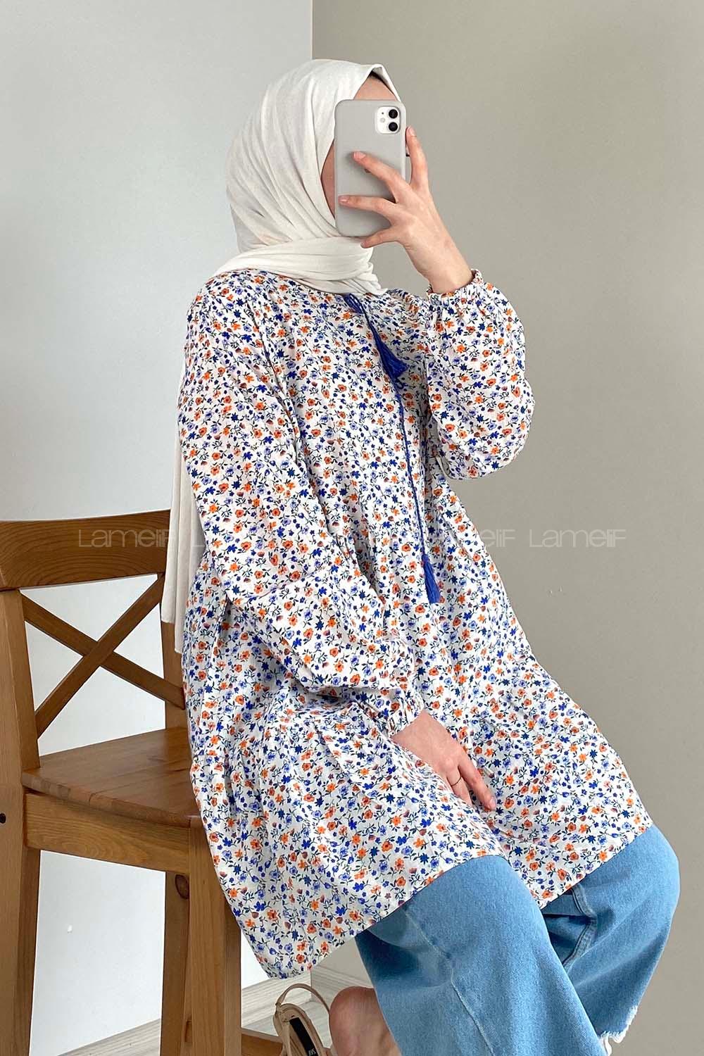 Modalamelif Yaka Bağlamalı Desenli Tunik Saks Mavisi