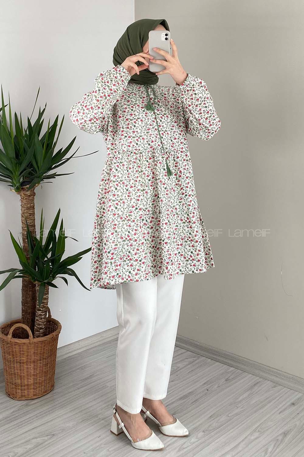 Modalamelif Yaka Bağlamalı Desenli Tunik Yeşil