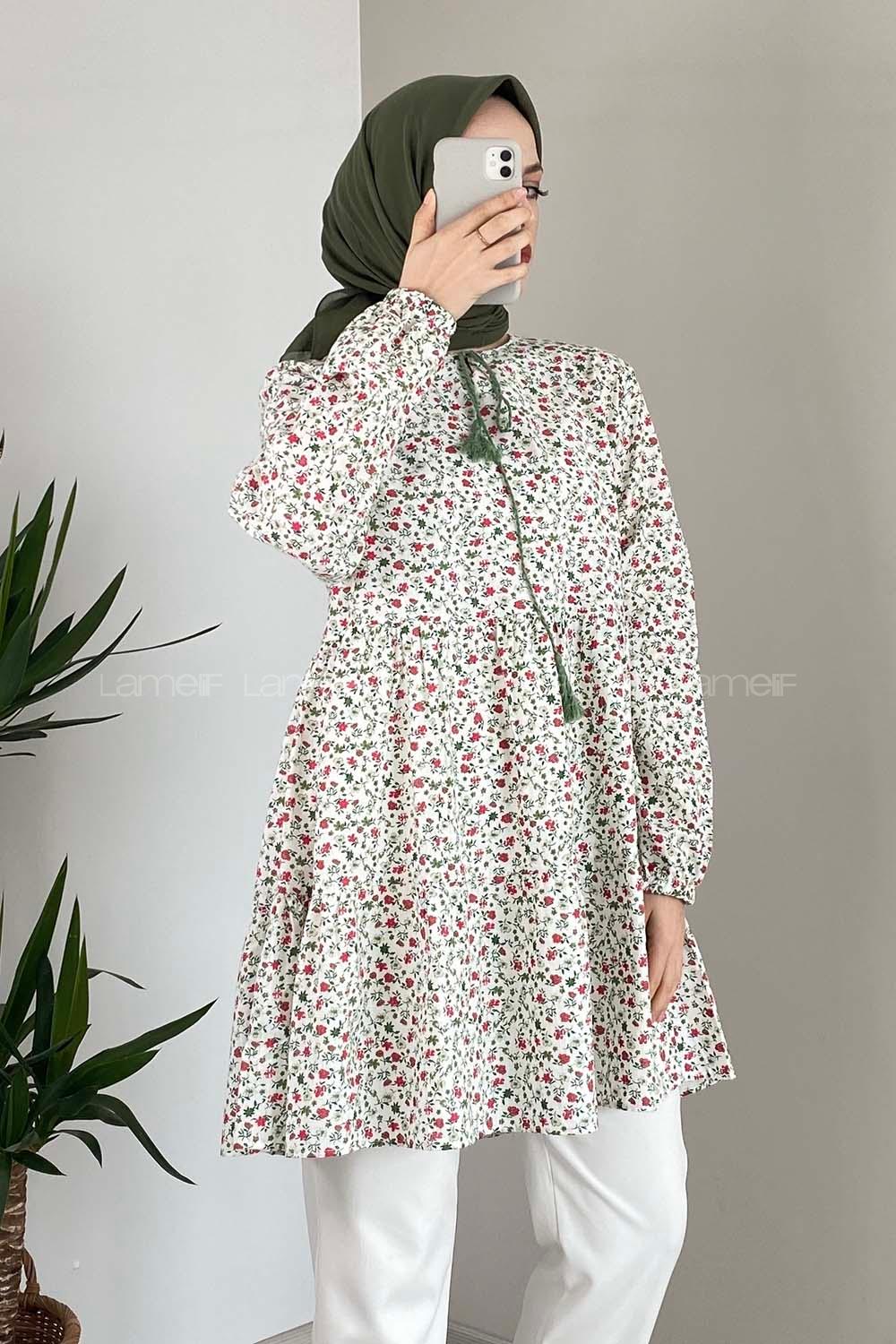 Modalamelif Yaka Bağlamalı Desenli Tunik Yeşil