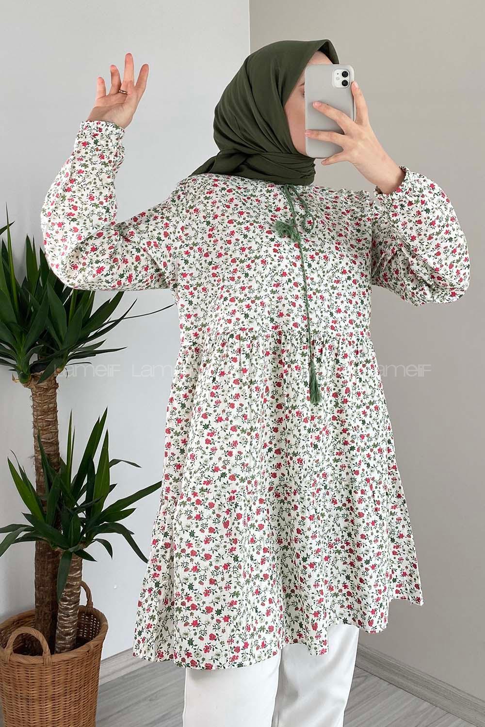 Modalamelif Yaka Bağlamalı Desenli Tunik Yeşil