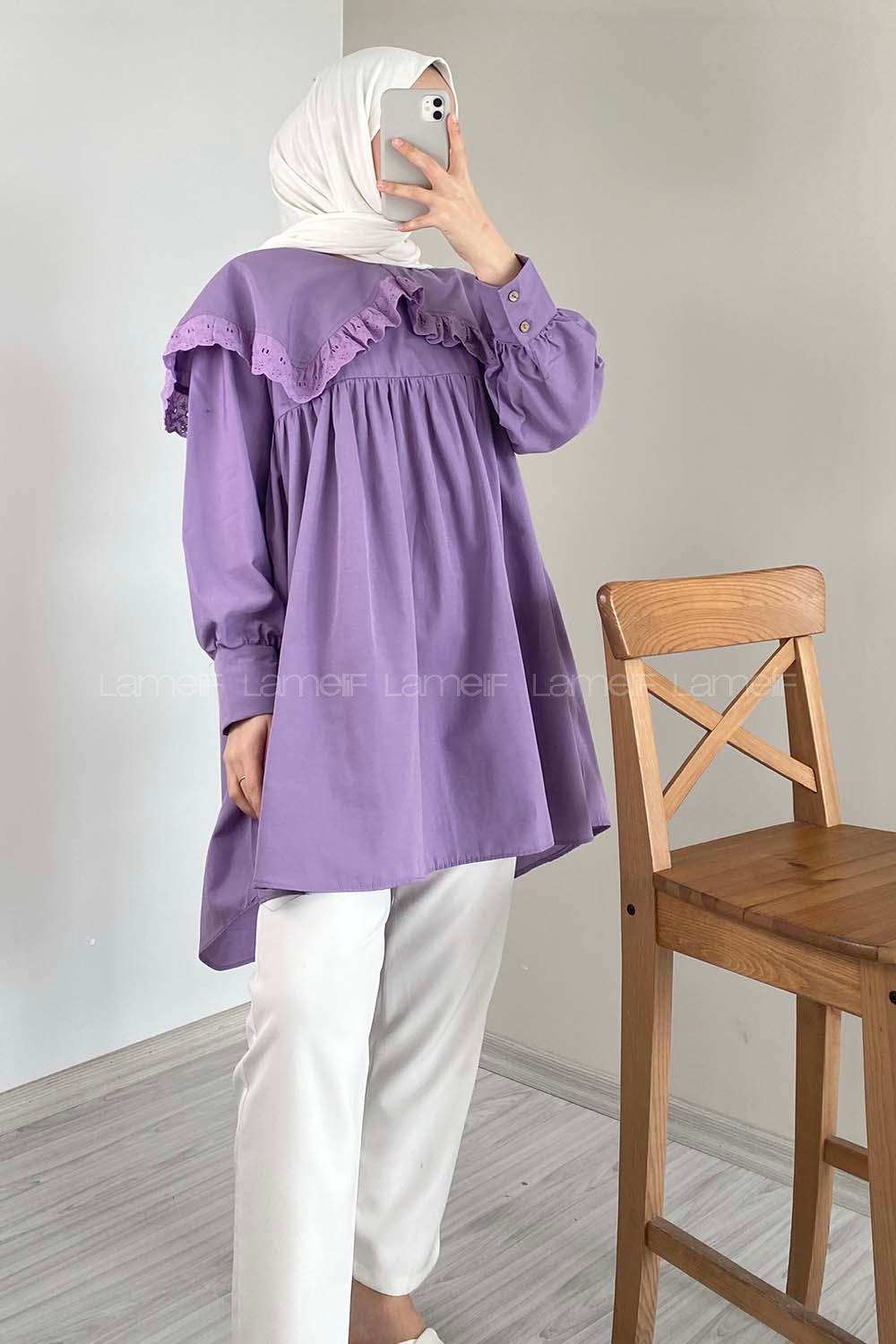 Modalamelif Yaka Dantelli Tunik Eflatun