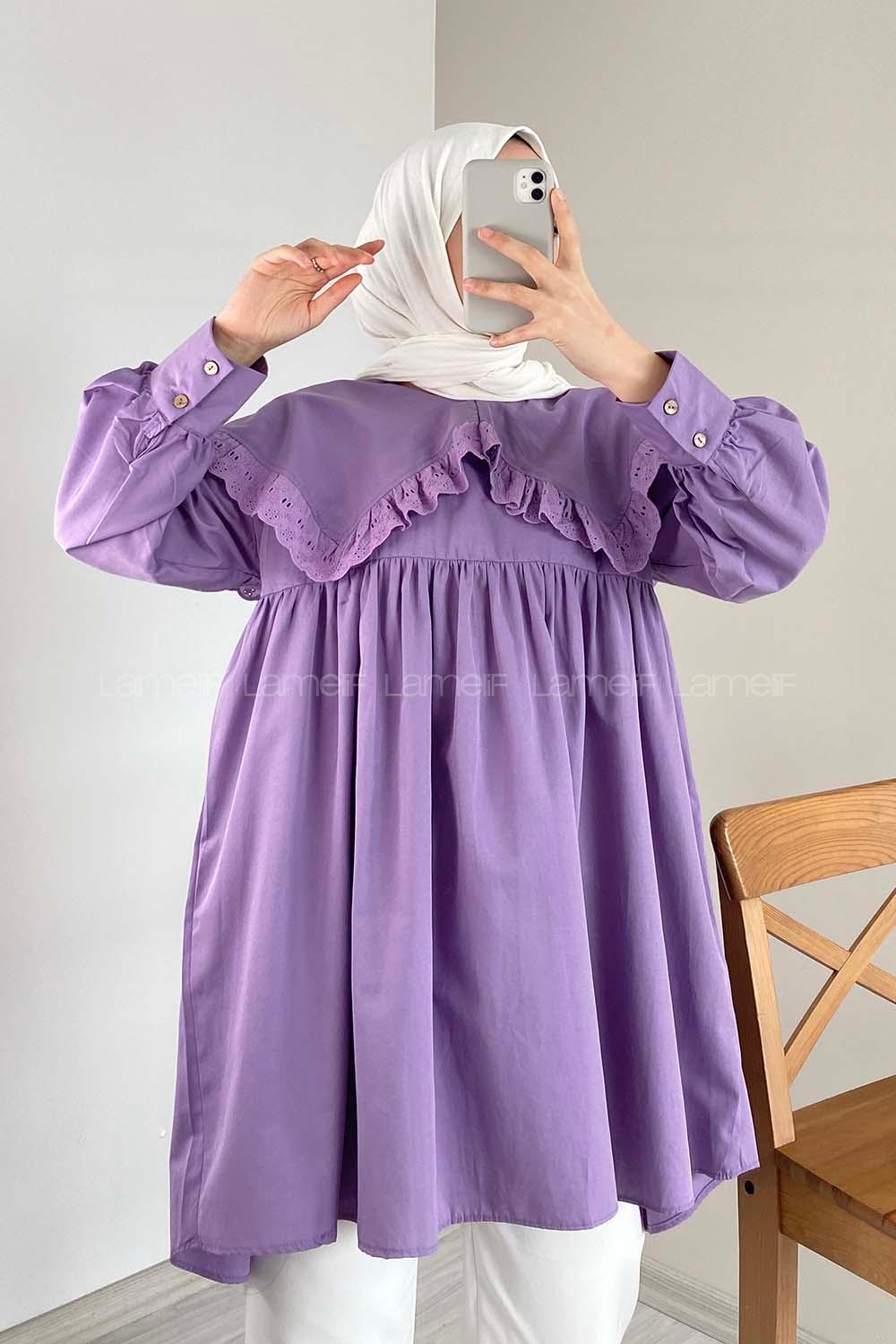 Modalamelif Yaka Dantelli Tunik Eflatun