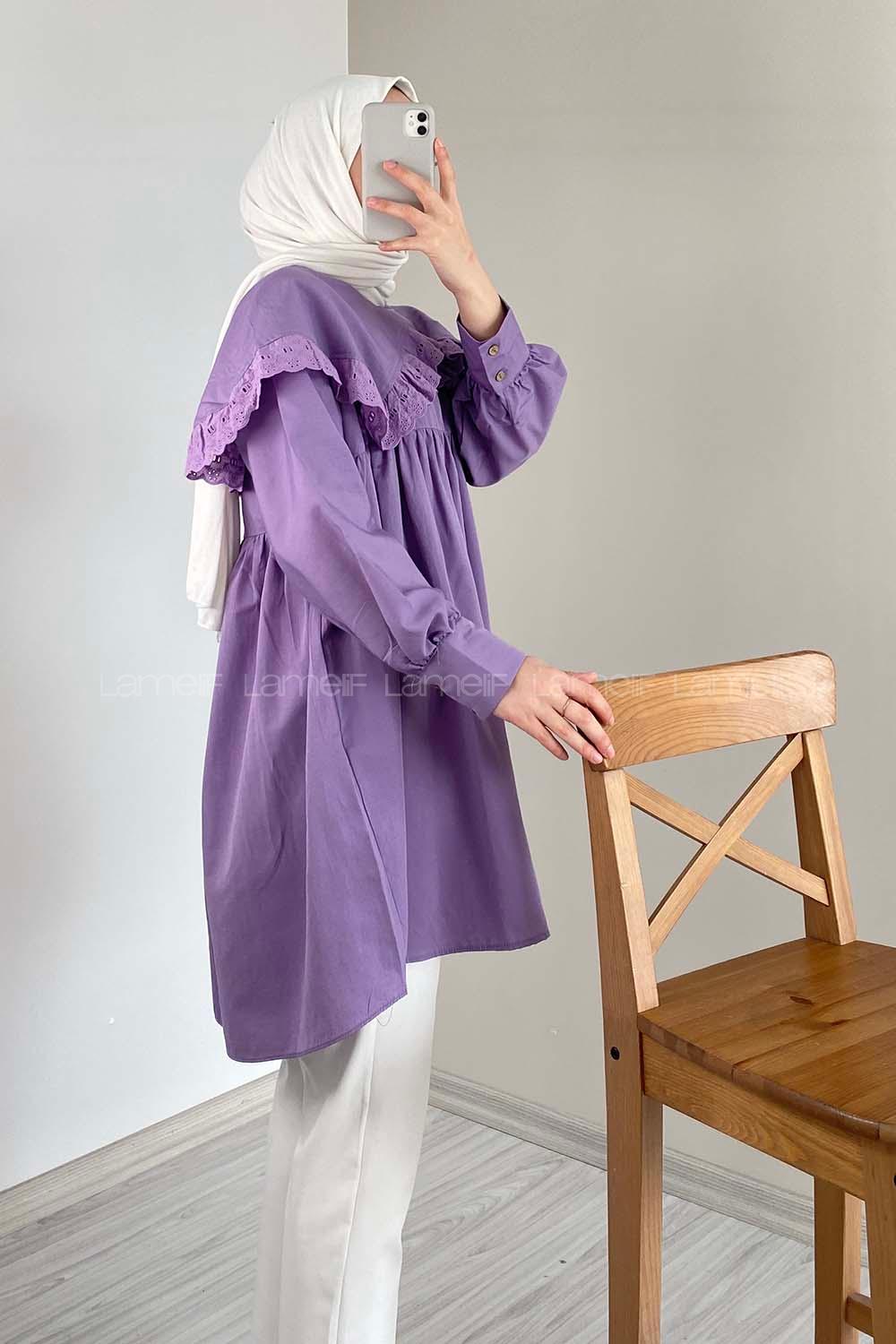 Modalamelif Yaka Dantelli Tunik Eflatun