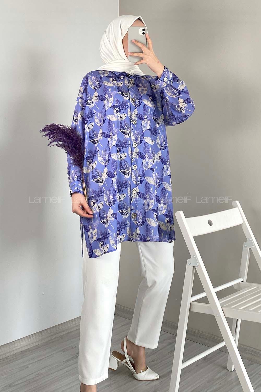 Modalamelif Yaprak Desen Dijital Baskı Gömlek Açık Mor