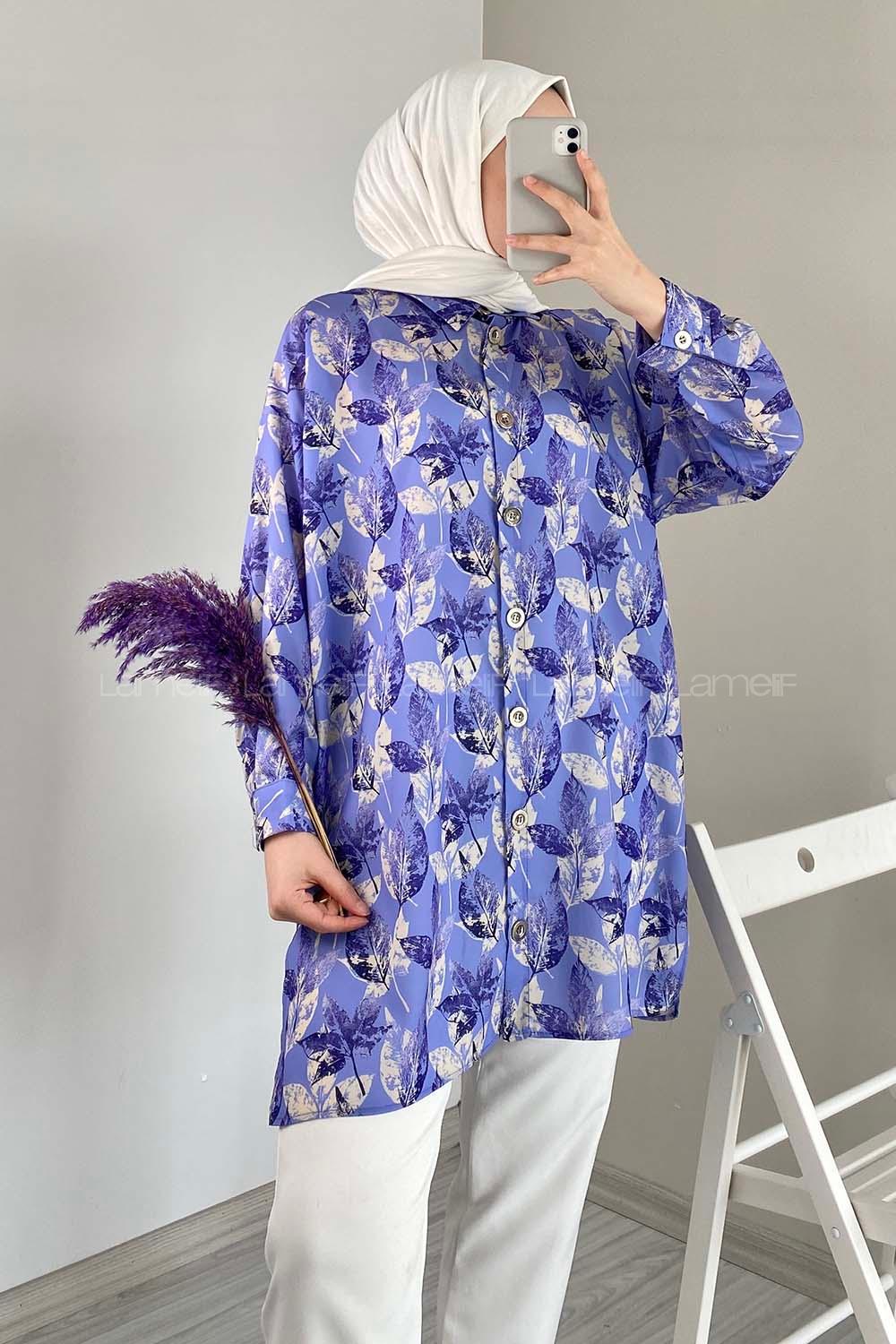 Modalamelif Yaprak Desen Dijital Baskı Gömlek Açık Mor