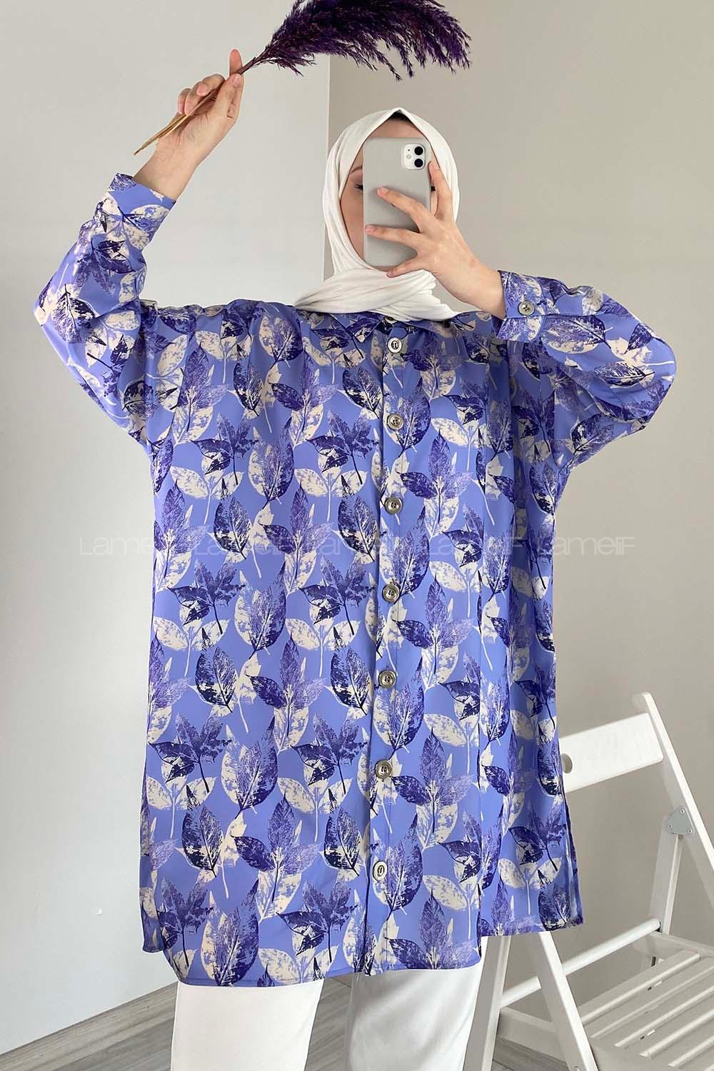 Modalamelif Yaprak Desen Dijital Baskı Gömlek Açık Mor