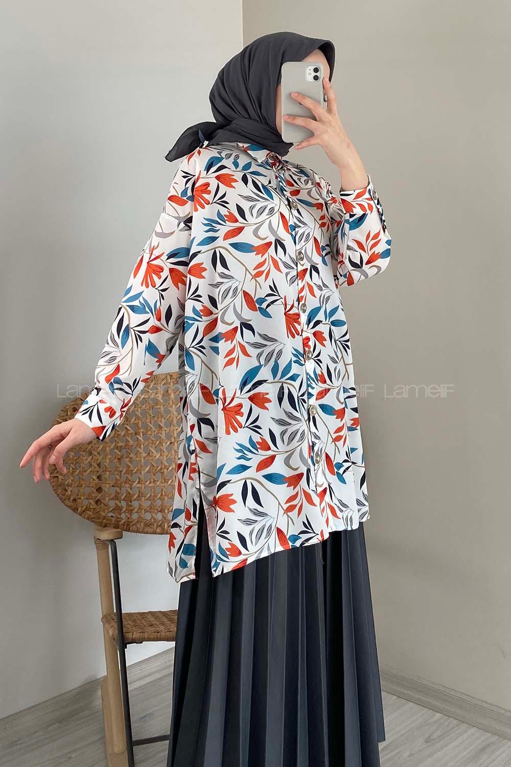 Modalamelif Yaprak Desen Dijital Baskı Gömlek Ekru Kiremit