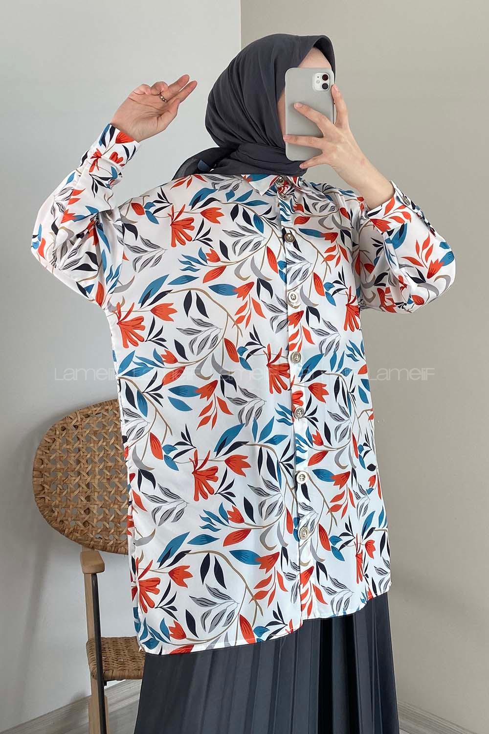 Modalamelif Yaprak Desen Dijital Baskı Gömlek Ekru Kiremit