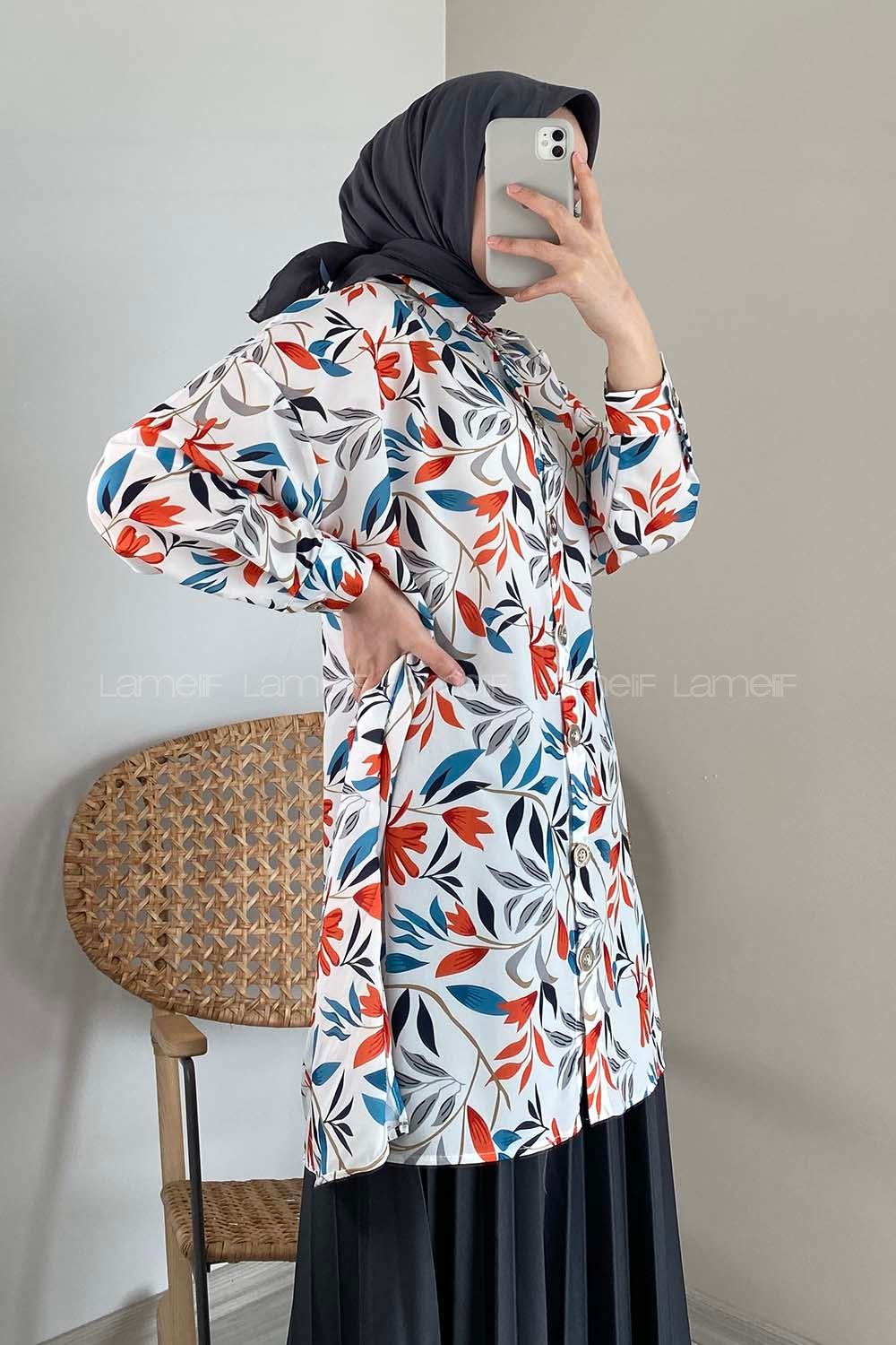 Modalamelif Yaprak Desen Dijital Baskı Gömlek Ekru Kiremit