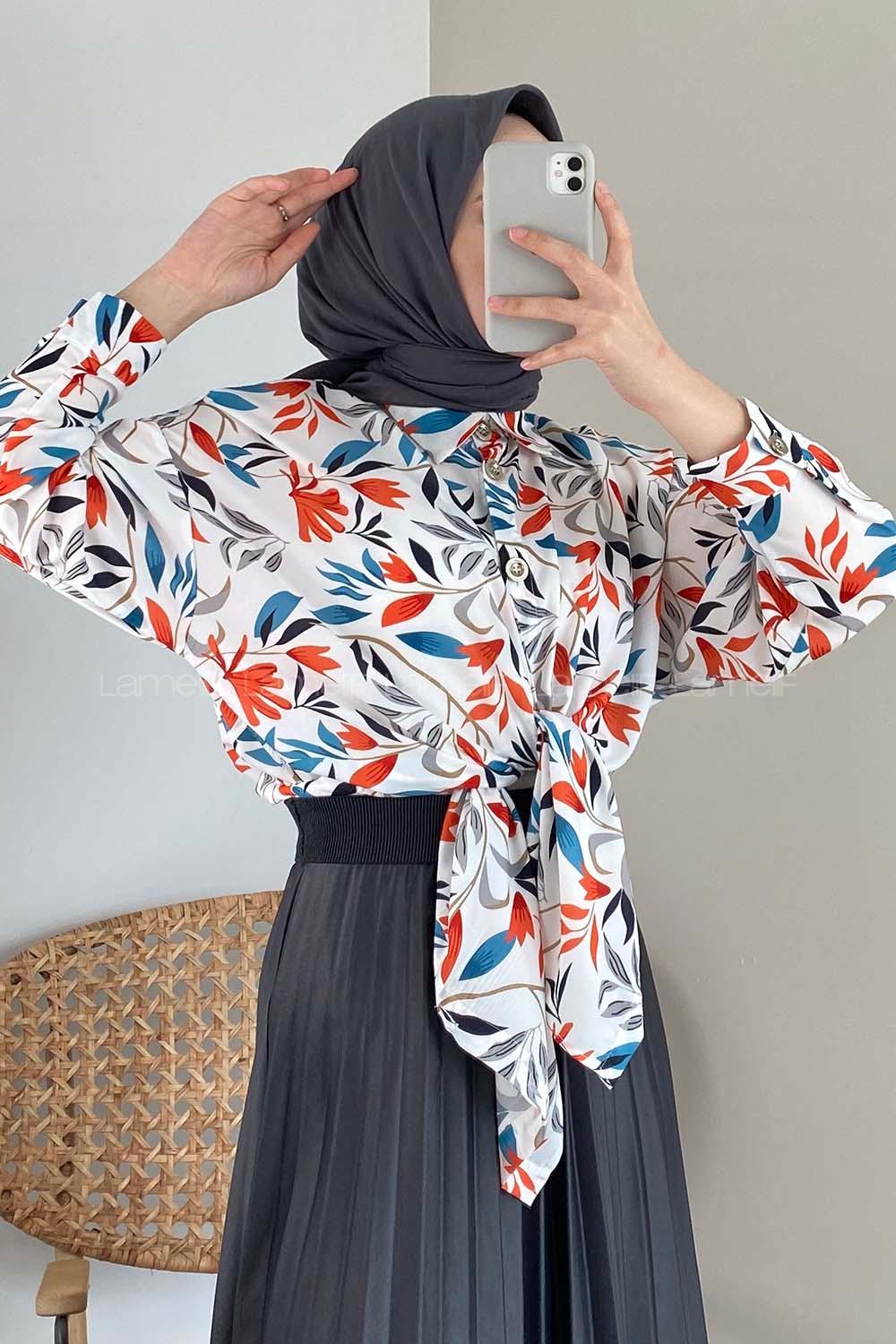 Modalamelif Yaprak Desen Dijital Baskı Gömlek Ekru Kiremit