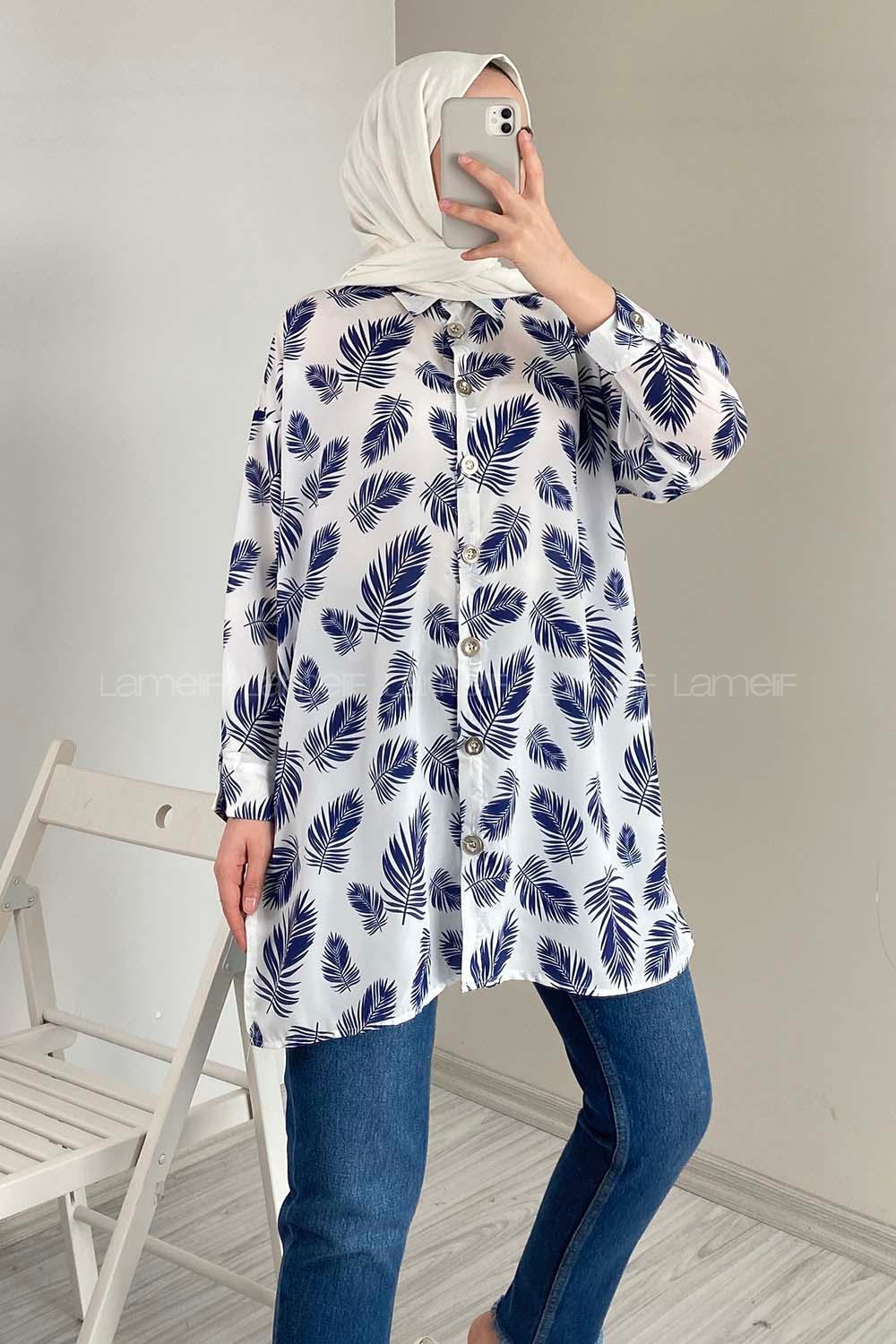 Modalamelif Yaprak Desen Dijital Baskı Gömlek Ekru Mavi