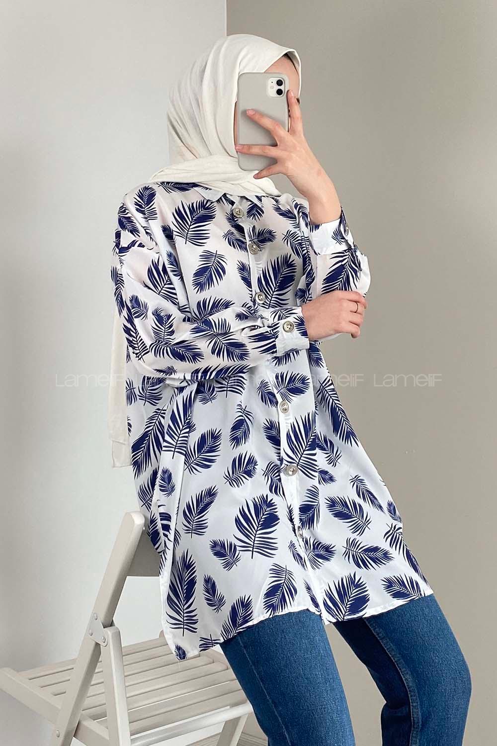 Modalamelif Yaprak Desen Dijital Baskı Gömlek Ekru Mavi