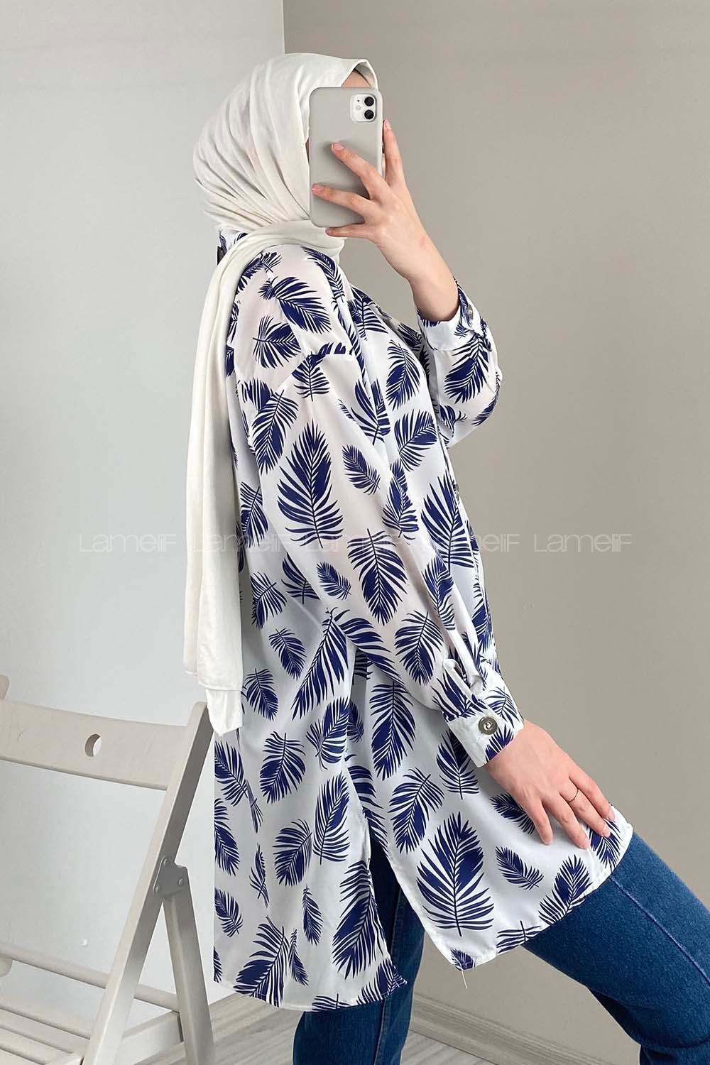 Modalamelif Yaprak Desen Dijital Baskı Gömlek Ekru Mavi