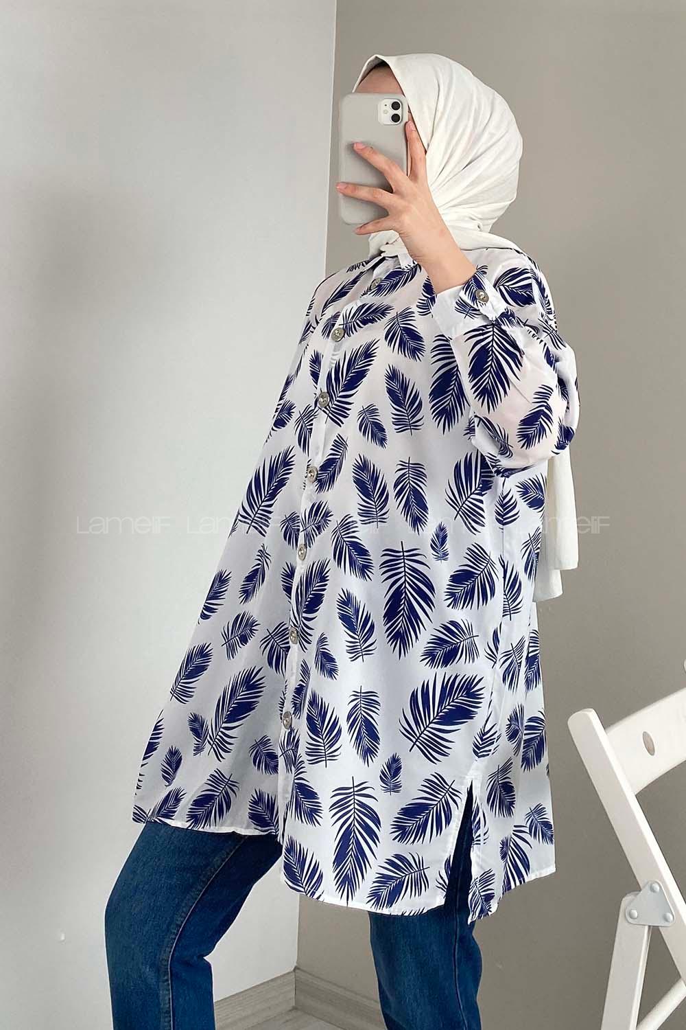 Modalamelif Yaprak Desen Dijital Baskı Gömlek Ekru Mavi