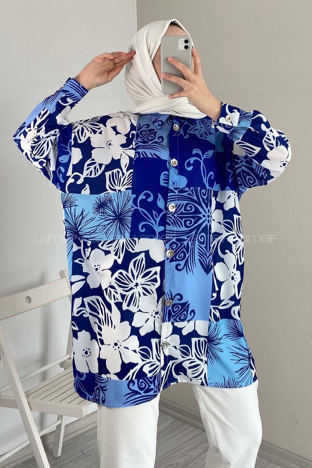 Modalamelif Yaprak Desen Dijital Baskı Gömlek Mavi