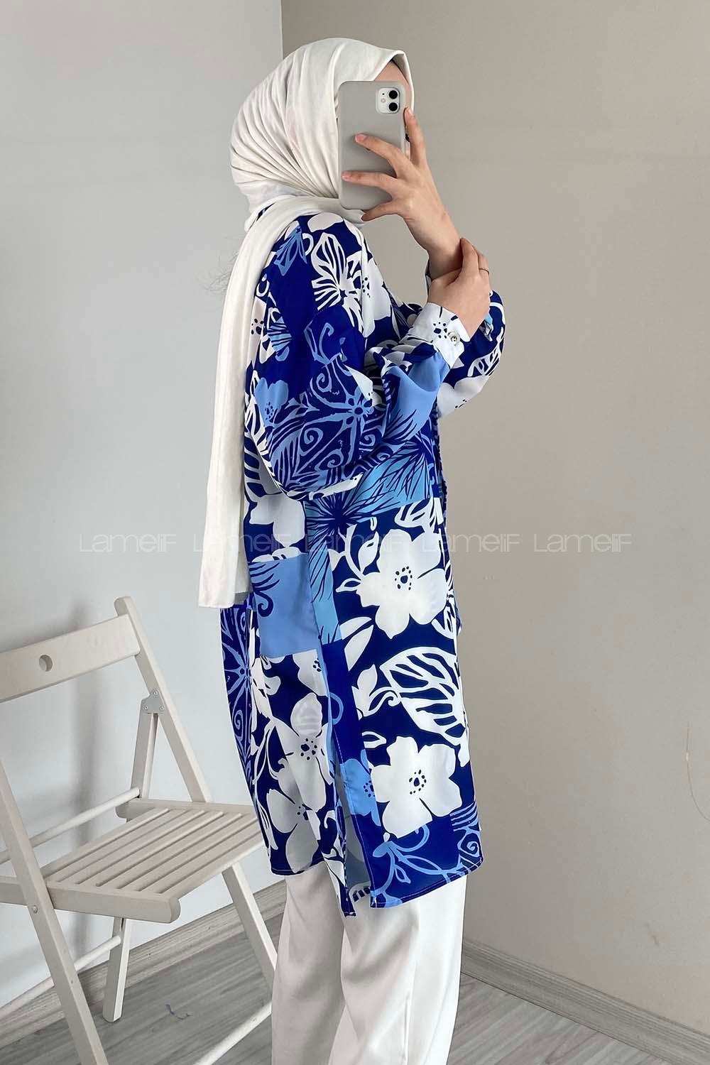 Modalamelif Yaprak Desen Dijital Baskı Gömlek Mavi