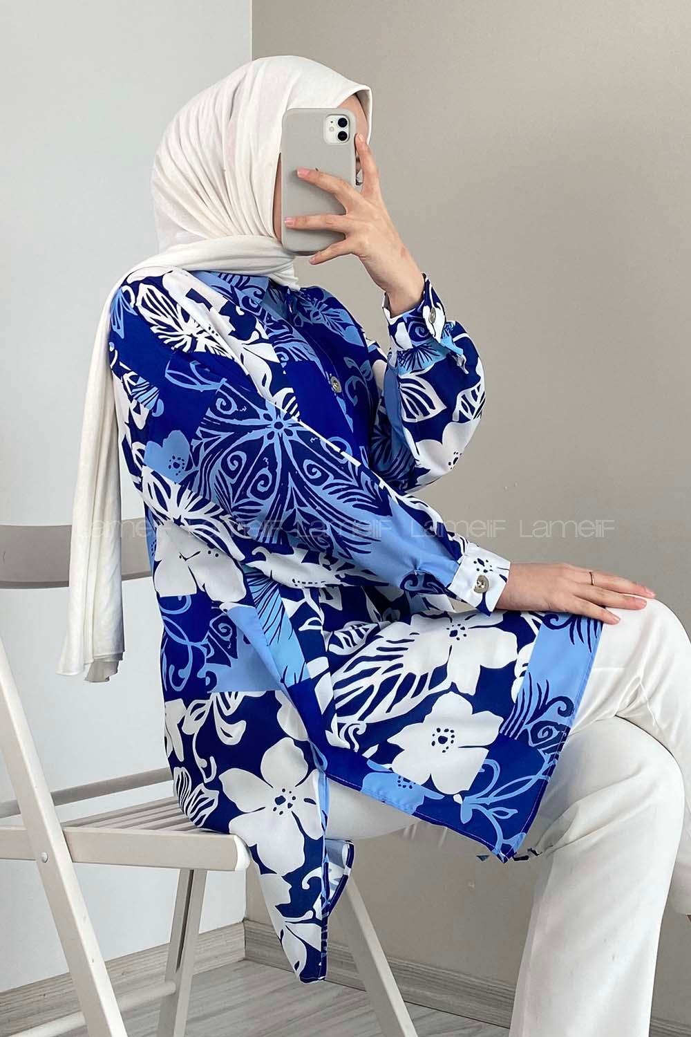 Modalamelif Yaprak Desen Dijital Baskı Gömlek Mavi