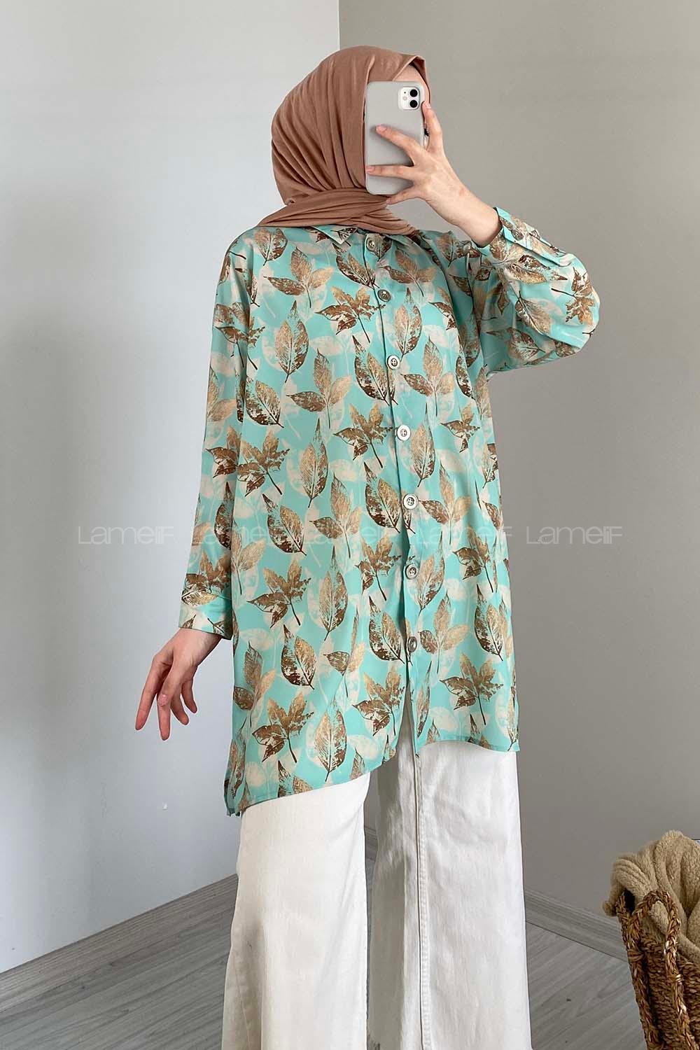 Modalamelif Yaprak Desen Dijital Baskı Gömlek Mint