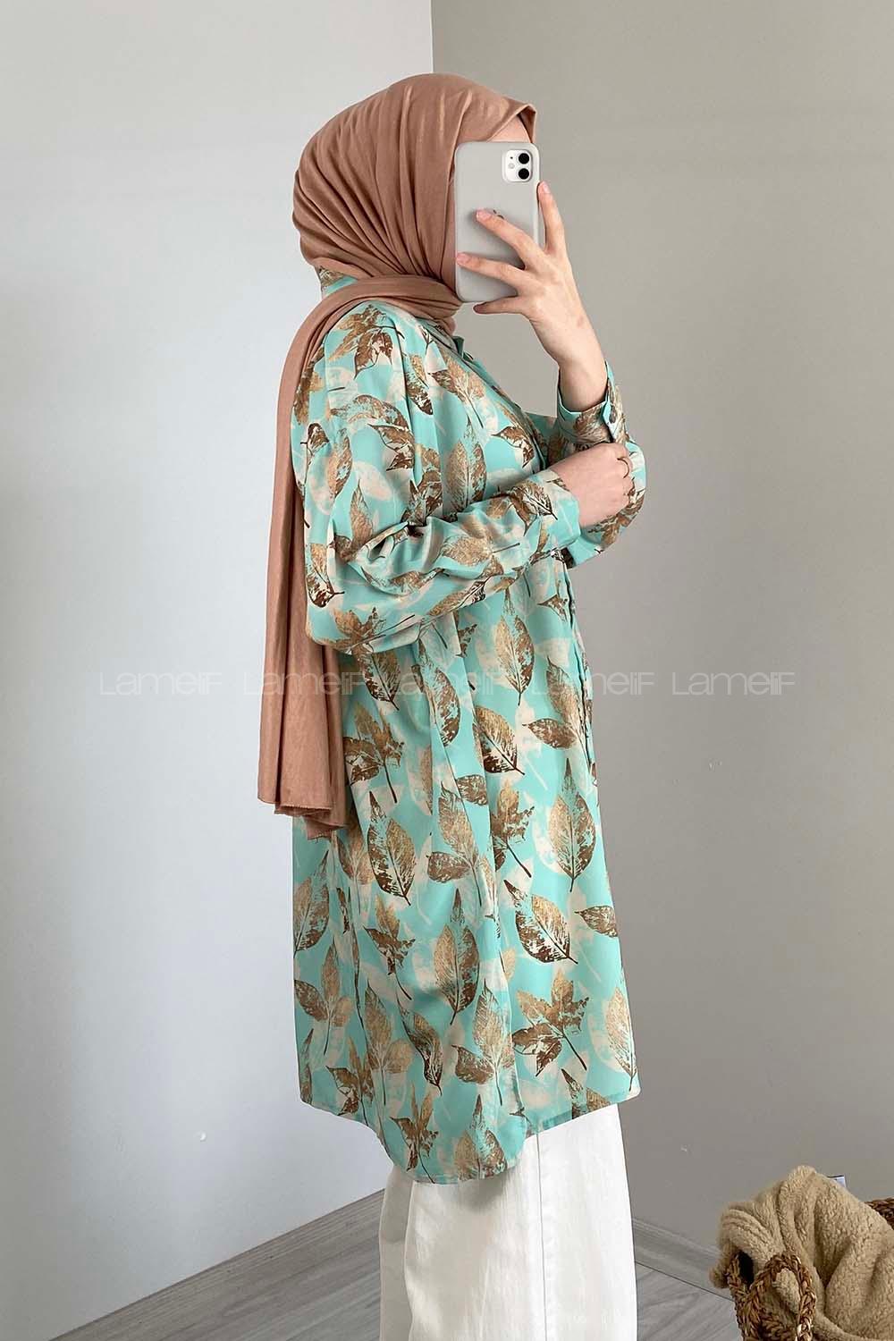 Modalamelif Yaprak Desen Dijital Baskı Gömlek Mint