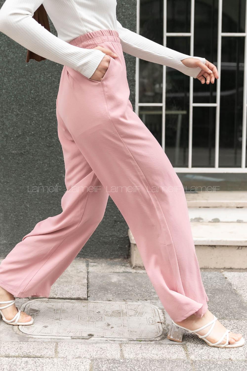 Modalamelif Bel Lastikli Salaş Pantolon Pudra